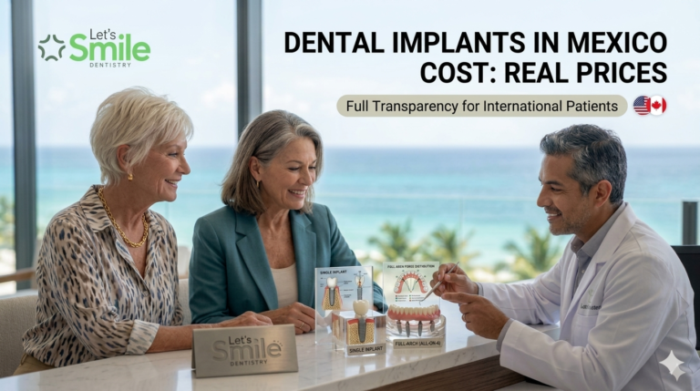Dental implants cost comparison consultation in Mexico for international patients, featuring educational models for single tooth implants and full arch rehabilitation.