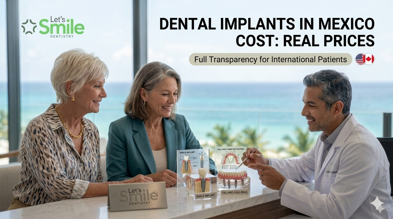 Dental implants cost comparison consultation in Mexico for international patients, featuring educational models for single tooth implants and full arch rehabilitation.