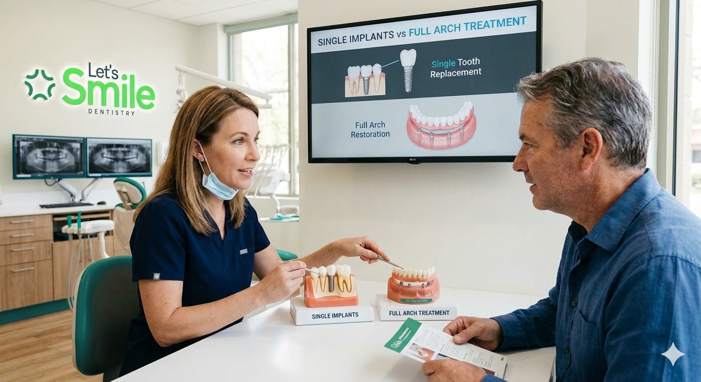A dentist points to a full arch restoration model while a patient listens, with a digital screen in the background displaying single implants vs full arch treatment diagrams.