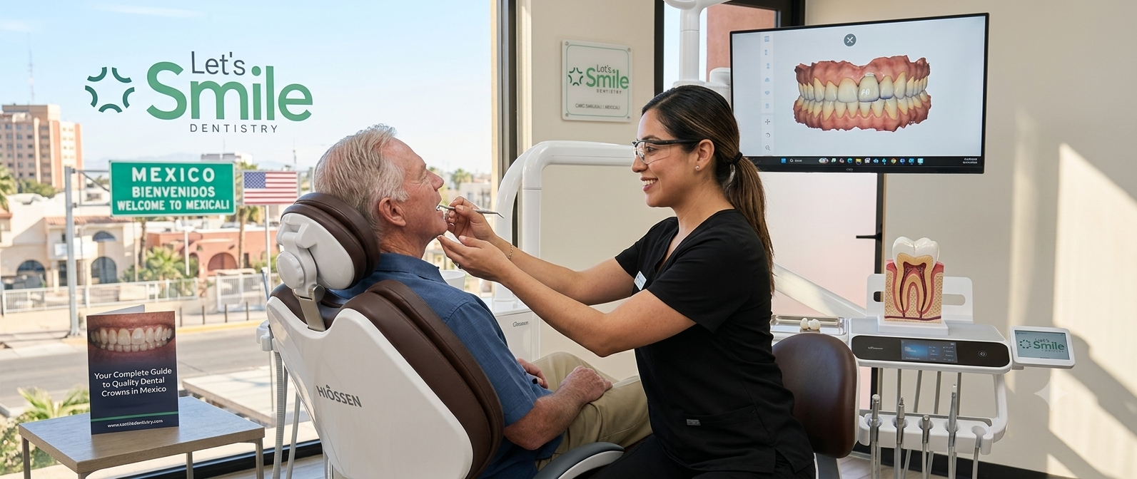 Patient receiving a consultation for dental crowns in Mexico at Let's Smile Dentistry clinic in Mexicali with digital smile design technology.