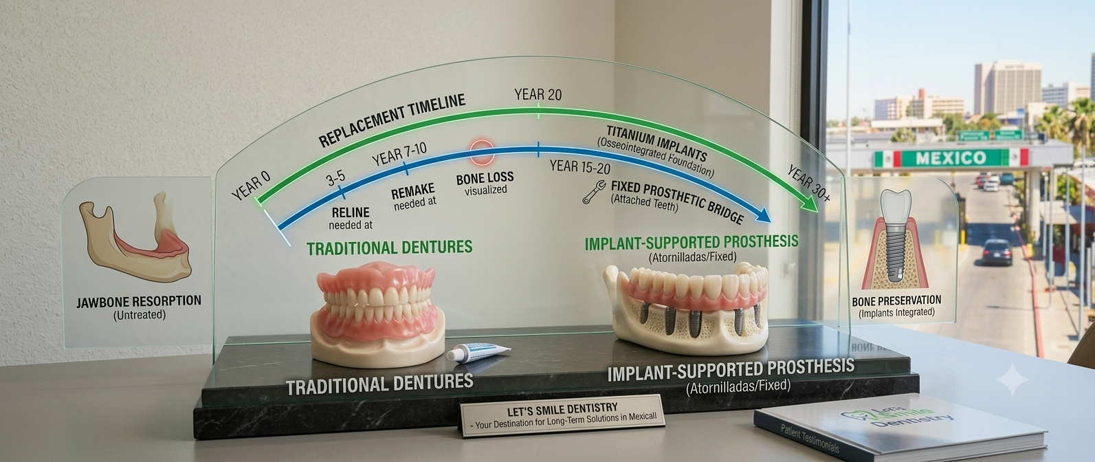 A comparative dental exhibit at Let's Smile Dentistry in Mexicali. The display shows a traditional removable denture alongside an implant-supported fixed prosthesis on a jaw model. A clear timeline graphic contrasts the denture requirements (relines at 3-5 years, remakes at 7-10 years, and jawbone resorption) against the long-term bone preservation of titanium implants lasting over 30 years.