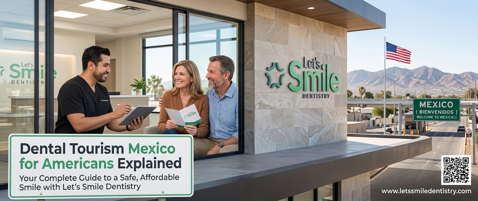 A smiling American couple receives a consultation from a dentist inside the Let's Smile Dentistry clinic in Mexicali, Baja California.