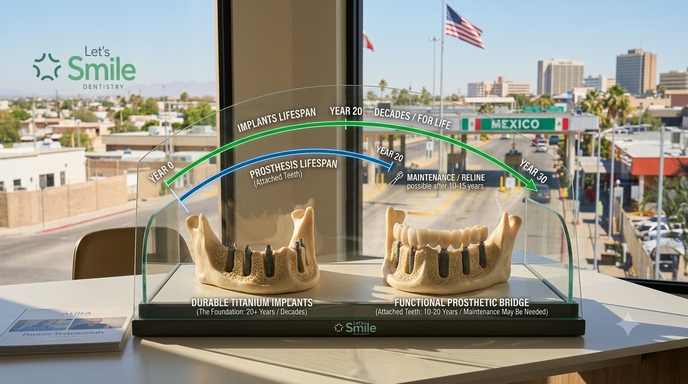 A professional dental implant lifespan display at Let's Smile Dentistry in Mexicali. The exhibit features a jaw model with titanium implants labeled as a 20+ year foundation, and a second model with a full-arch prosthetic bridge showing a 10-20 year lifespan timeline. In the background, a large window overlooks the Mexicali-Calexico border crossing with a green "Welcome to Mexicali" sign.