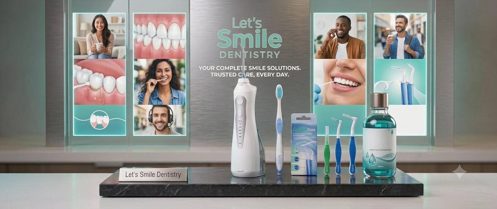 A commercial-style dental oral hygiene display features essential tools for full mouth implant care. Arranged on a black marble base are a cordless water flosser, a soft toothbrush, a box of Super Floss, three different interdental brushes, and a bottle of blue antiseptic mouthwash. The modern background display shows smiling patients and the logo for "Let's Smile Dentistry."