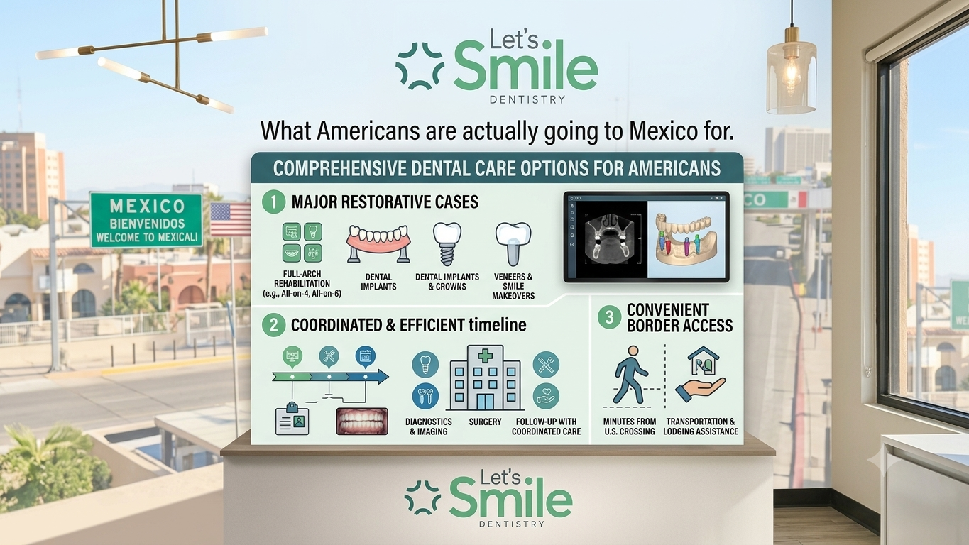 An informative dental tourism infographic by Let's Smile Dentistry titled "What Americans are actually going to Mexico for." The graphic panel outlines comprehensive care options: 1) Major Restorative Cases like All-on-4 implants and veneers; 2) Coordinated & Efficient Timeline for diagnostics and surgery; and 3) Convenient Border Access near the U.S. crossing with lodging and transportation assistance. The background shows a clean clinic reception area and a view of the Mexicali border.