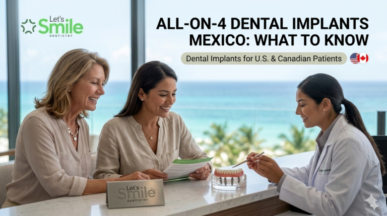All on 4 dental implants guide for US and Canadian patients, showing an international patient consultation at a modern dental clinic in Mexico.