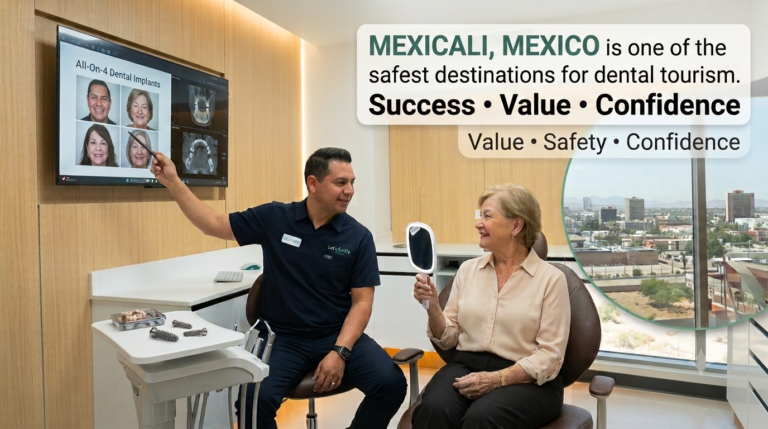 Dr. Tomas Garcia explaining All-on-4 dental implant procedure to a patient at Let's Smile Dentistry in Mexicali, Mexico.